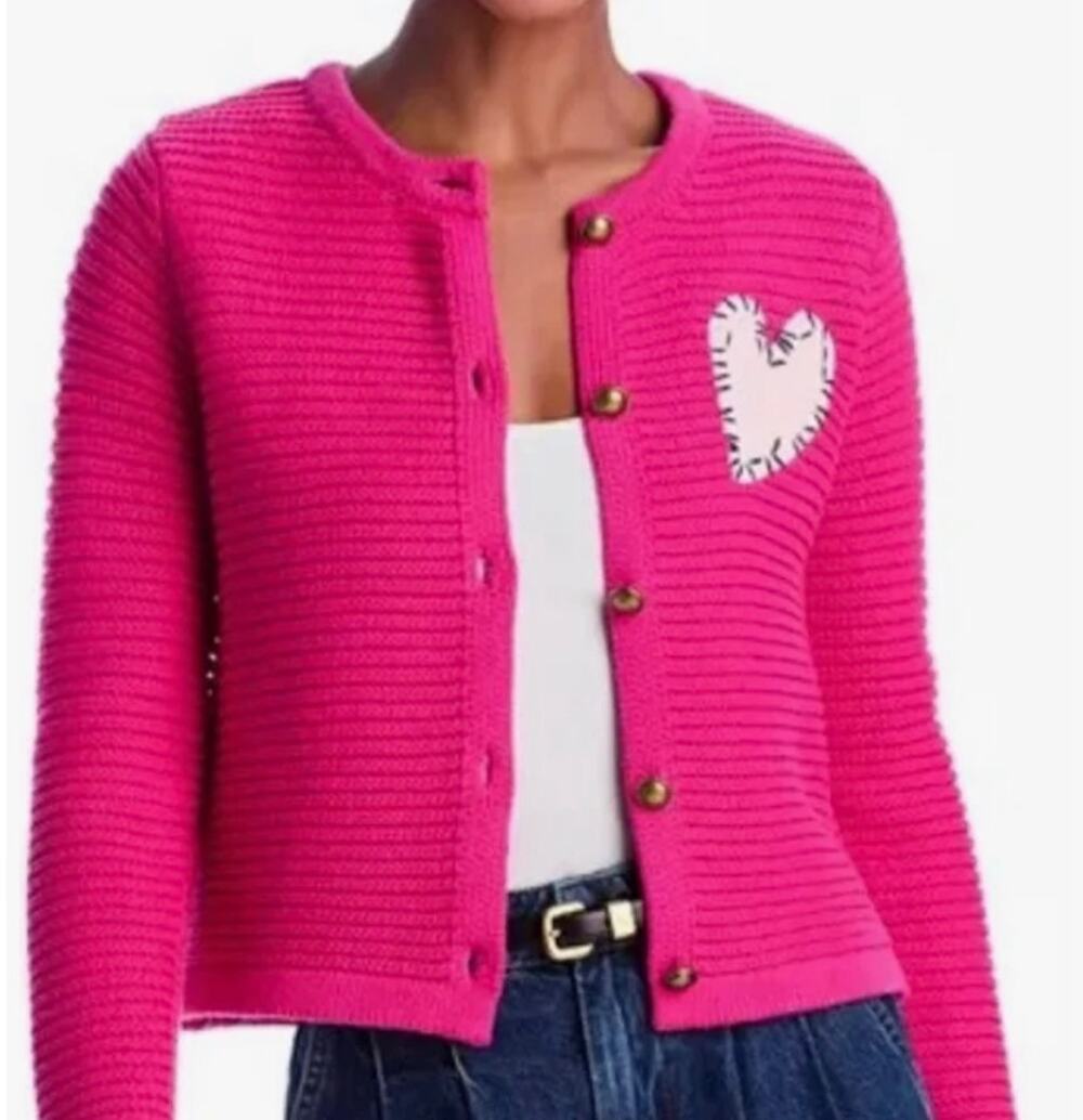 Aqua x Kerri Rosenthal Heart Cardigan Sweater Pink Sweater White Patch Size XS